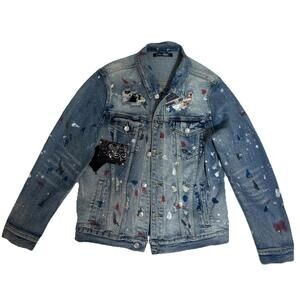 Embellish By Design NYC Unisex Rebel Denim Jacket Blue Patchwork Large Authentic